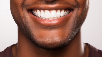 Fototapeta premium Smiling mouth close-up. Happily smiling African American young man with perfectly white even teeth. Picture on white background.