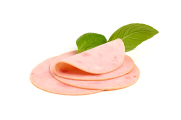 Thinly Sliced Ham, boiled sausage, close-up, isolated on white background.