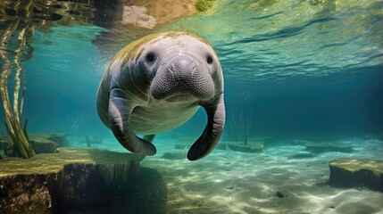 A breathtaking shot of a manatee his natural habitat, showcasing his majestic beauty and strength.