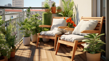 Small modern cute and cozy balcony with chair and some plants around.  - obrazy, fototapety, plakaty