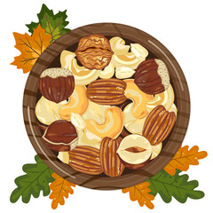 Mix organic nuts with almonds, pecans, brazil nuts, cashews, peanuts, macadamia, and sunflower seeds in a wooden bowl, a top view isolated on a white background. Icon vector illustration.