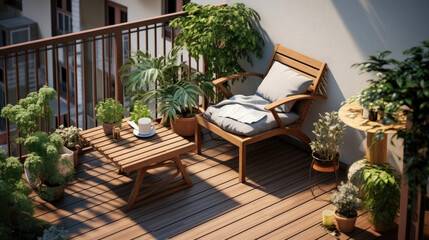 Fototapeta na wymiar Small modern cute and cozy balcony with chair and some plants around. Generative AI