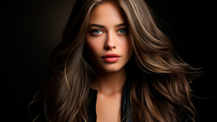 Fototapeta premium a woman with long brown hair and a black dress