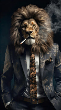 Lion dressed in an elegant suit, standing as a leader, smoking a cigarette. Fashion portrait of an anthropomorphic animal, feline, lion, posing with a charismatic human attitude.