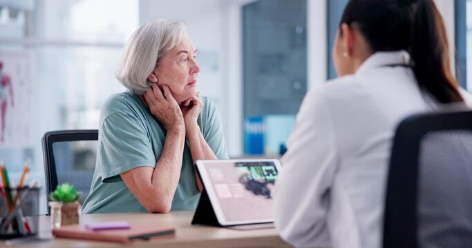 Healthcare, stress and doctor with senior patient talking on diagnosis treatment plan in clinic. Advice, checkup and female medical worker with tablet speaking to an elderly woman in hospital office.