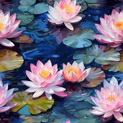 Lotuses in the pond oil painting colorful repeat pattern