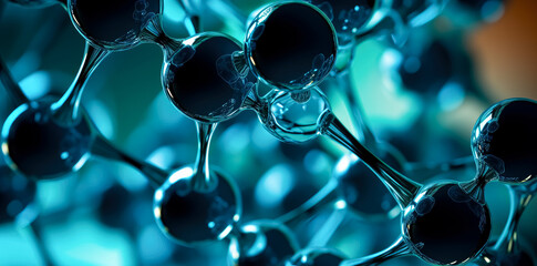 Molecule structure under microscope, dark cyan, clear colors, chemical compound molecules.