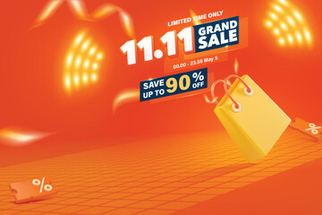 11.11 Grand sale banner with 3D Style vector shopping bag  are available for use on online shopping websites or in social media advertising. - 644573570