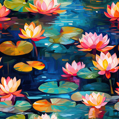 Lotuses in the pond oil painting colorful repeat pattern
