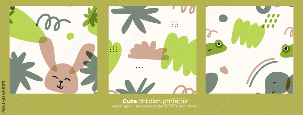 Poster Set of trendy childrens patterns with animals. and natural objects. Bright colors with an overlay. Drawing with marker or riso print. Vector contemporary illustration in green and beige colors.