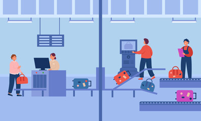 Staff and travelers at airport baggage scanner area. Airport baggage handling system, people scanning bags and suitcases vector illustration. Baggage, traveling, tourism, security concept