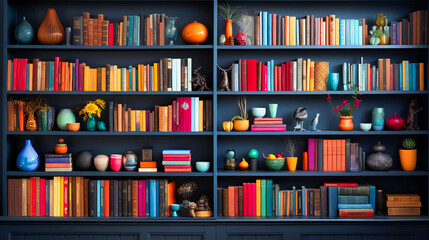 Black built-in bookshelves showcasing a collection of colorful spines