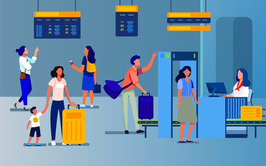 Passengers standing in queue for security check in airport. People with baggage going through security checkpoint vector illustration. Aviation, vacation, traveling, transportation concept