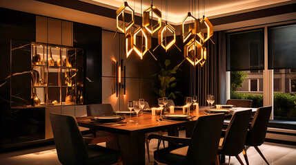 Dining area with geometric light fixtures