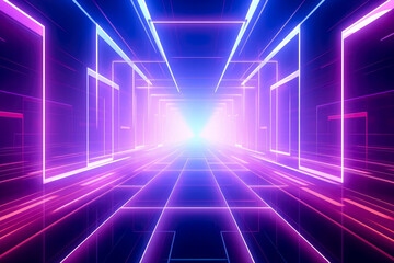 Fototapeta premium Neon tunnel gradient background with red, pink and blue colors, poster, rustic futurism, light emerald and magenta, rainbow tunnel with neon lights.