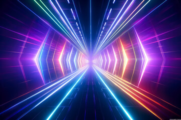 Fototapeta na wymiar Neon tunnel gradient background with red, pink and blue colors, poster, rustic futurism, light emerald and magenta, rainbow tunnel with neon lights.