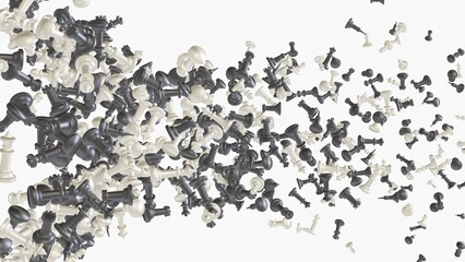 Background of many chess pieces. A lot of black and white chess pieces in any position on a white background. 3D Illustration
