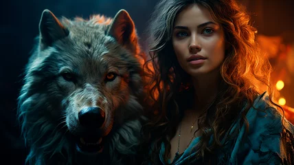 Fotobehang  a woman in a dress standing next to a wolf © ARAMYAN