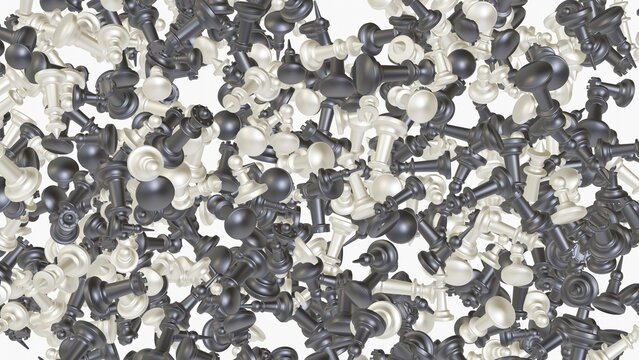 Background of many chess pieces. A lot of black and white chess pieces in any position on a white background. 3D Illustration