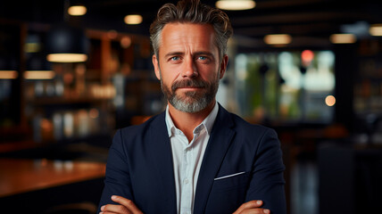 Fototapeta premium a man in a suit and tie standing with his arms crossed