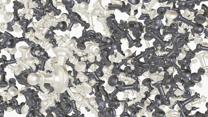 Background of many chess pieces. A lot of black and white chess pieces in any position on a white background. 3D Illustration