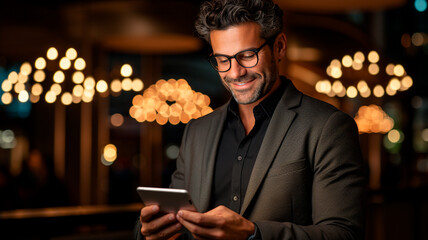 a man in a suit looking at a cell phone