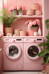 Countryside farm house laundry room interior with washing machine and baskets, interior in a english cottage style with light pink colors