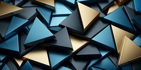 Fototapeta premium Viele schwarze und goldene dreiecke 3D als Hintergundmotiv im Querformat für Banner, ai generativ