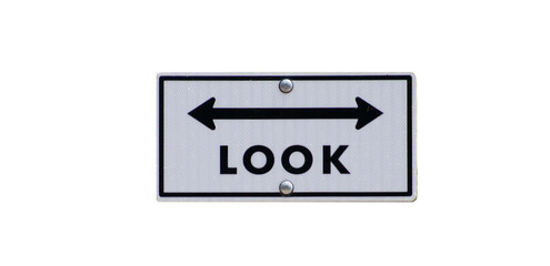 An isolated look both ways street sign with a two sided arrow against a blank background - isolated...
