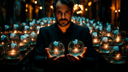  a man holding a glowing crystal ball in his hands