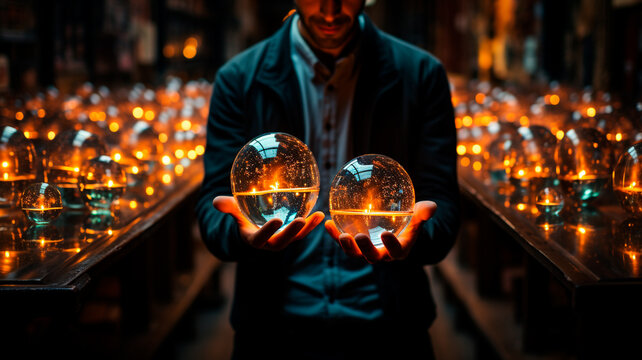  A Man Holding A Glowing Crystal Ball In His Hands