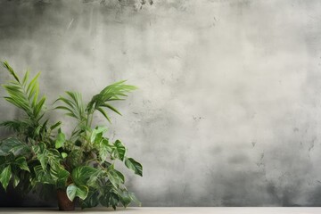 Grey concrete wall texture with tropical green leaves