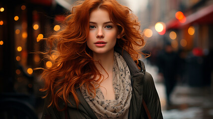  a woman with red hair and a jacket