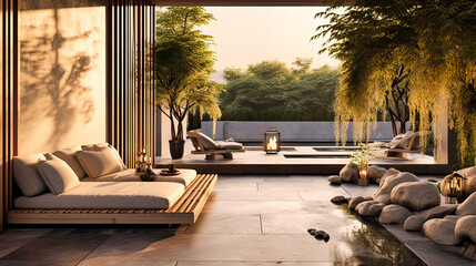 Zen-inspired balcony with a water feature, - obrazy, fototapety, plakaty