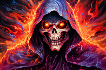 Grim reaper wearing a hood and burning in flames, hellish background.
