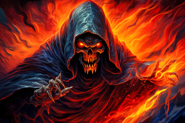 Grim reaper wearing a hood and burning in flames, hellish background.
