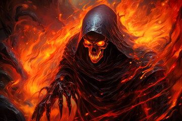 Grim reaper wearing a hood and burning in flames, hellish background.

