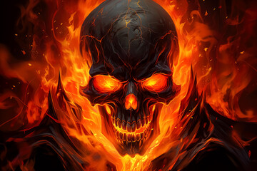 Skull ghost and demonic flames, in the style of 2d game art, intense expressions, fantasy-based, , flame skull design Halloween decoration hellish background, skeleton in flames.