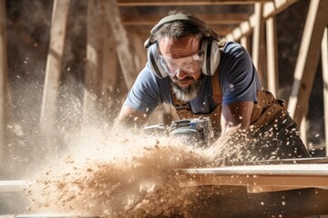 Carpenter blowing sawdust from wooden plank - obrazy, fototapety, plakaty