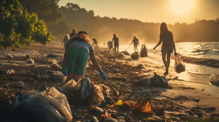 Group of eco volunteers picking up plastic trash on the beach