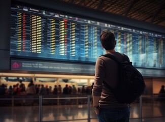 Young man looking at arrival and departure information display looking for flight at airport, people wait for their flights in terminal, air travel and vacation booking concept Generative AI - obrazy, fototapety, plakaty