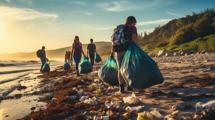 Group of eco volunteers picking up plastic trash on the beach