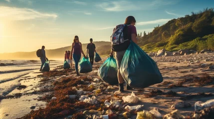 Fotobehang Group of eco volunteers picking up plastic trash on the beach © sirisakboakaew