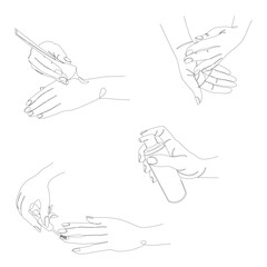 Collection. Silhouettes of human hands covered with cream paints nails in a modern one line style. Continuous line drawing, decor outline, posters, stickers, logo. Set of vector illustrations.