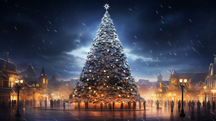 big beautiful Christmas Tree with decorations and Illuminations in snowy night. New Year and Christmas holiday background. Festive winter city landscape. - obrazy, fototapety, plakaty
