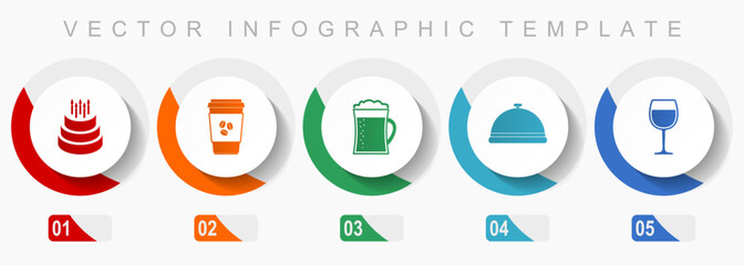 Food and drinks icon set, miscellaneous icons such as birthday cake, coffe, beer and drink, flat design vector infographic template, web buttons in 5 color options