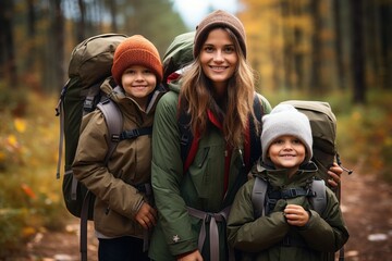 happy family Mother and child carry backpacks and go hiking in the forest.