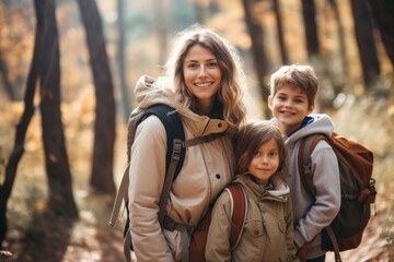 Fototapeta na wymiar happy family Mother and child carry backpacks and go hiking in the forest.