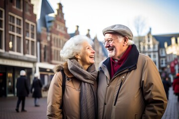 a beautiful mature caucasian traditional couple enjoying urban city sightseeing on a vacation in europe, Amsterdam, in autumn. retirement activity concept