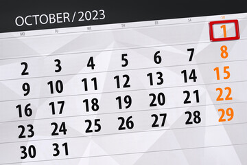 Obraz premium Calendar 2023, deadline, day, month, page, organizer, date, October, sunday, number 1